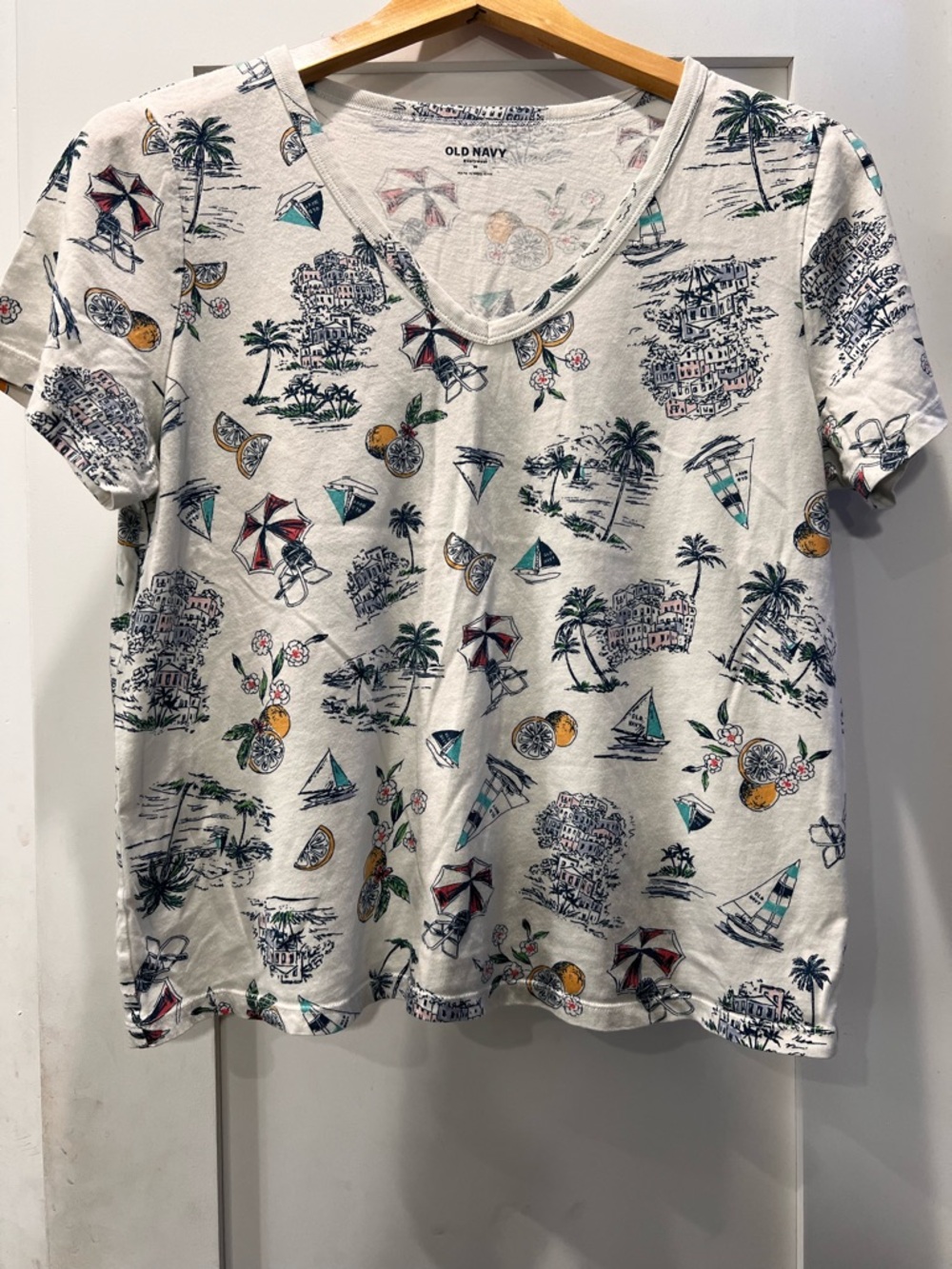 Old Navy White V-Neck Tee with Navy, Teal and Orange Tropical Print